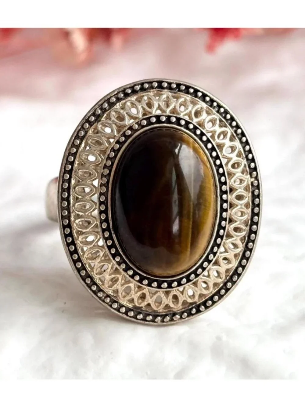 Genuine Tiger's Eye Gemstone Filigree Sterling Silver 925 Vintage Ring - sz 8